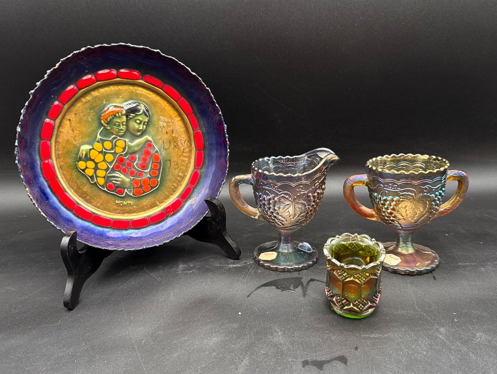 Hand-Enameled Decorative Plate and Imperial Glass Carnival Glassware Set
