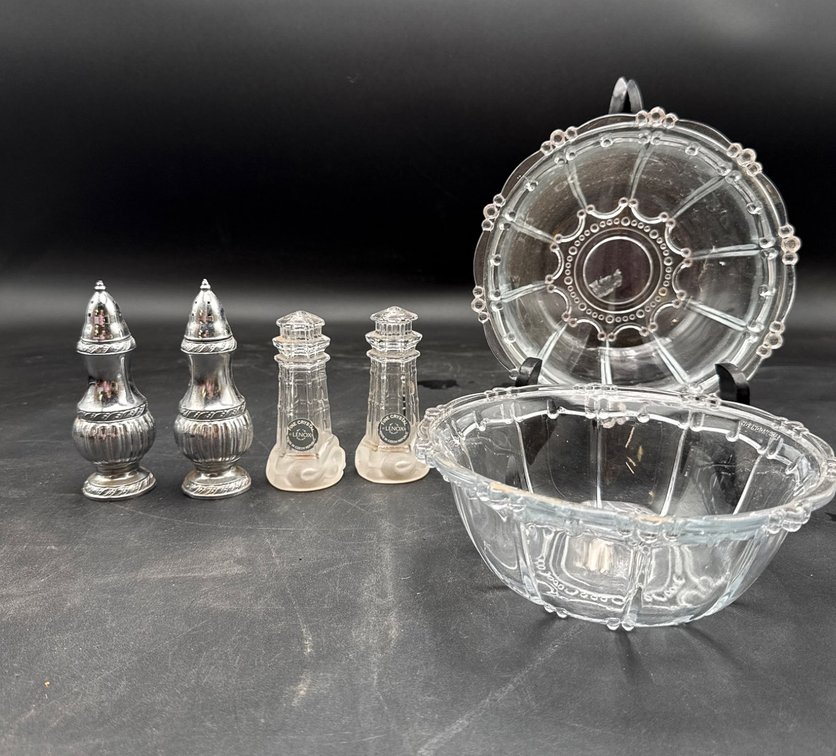 Glassware and Silver-Tone Salt and Pepper Shakers