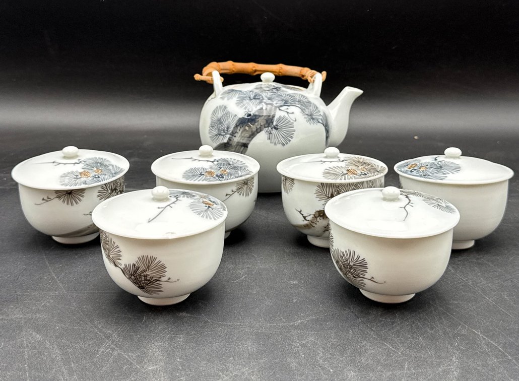 Porcelain Teapot and Six Matching Lidded Cups with Pine Tree Design