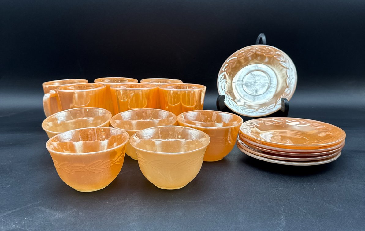 Fire-King Peach Lustre Saucers, Tea Cups, and Barrel Cups