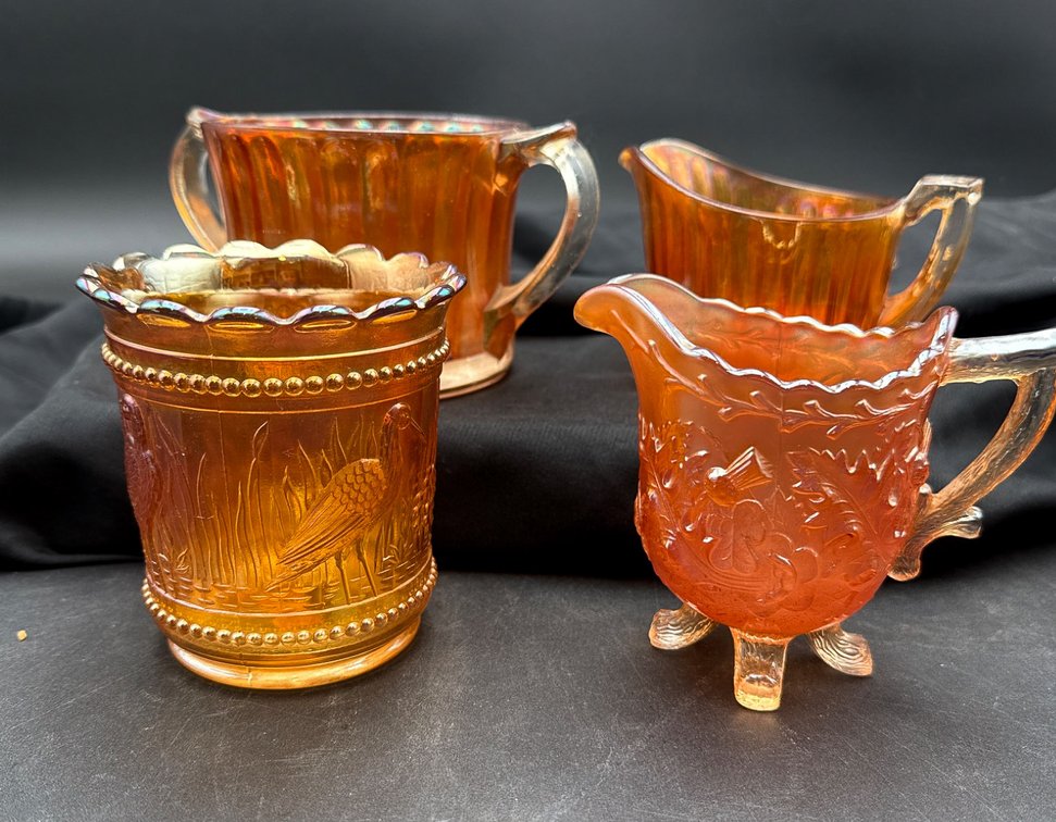 Four Amber-Colored Carnival Glass Pieces