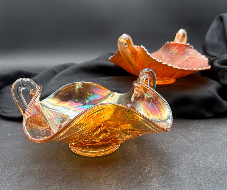 Carnival Glass Footed Bowls with Decorative Handles