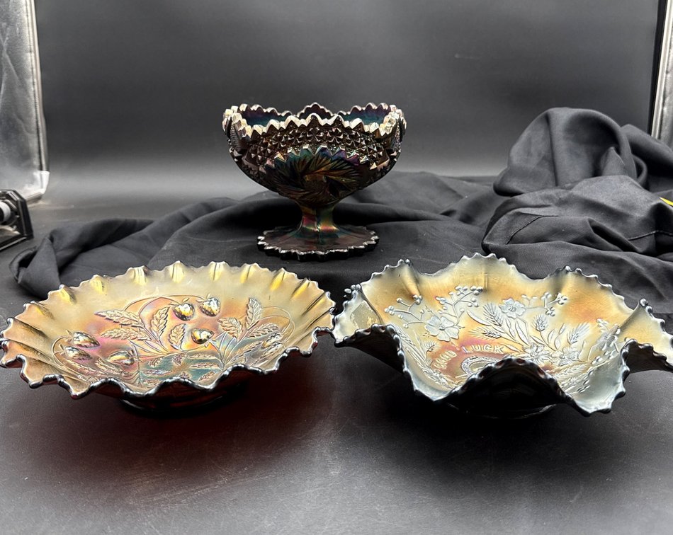 Carnival Glass Lot Featuring Good Luck Bowl and Compote