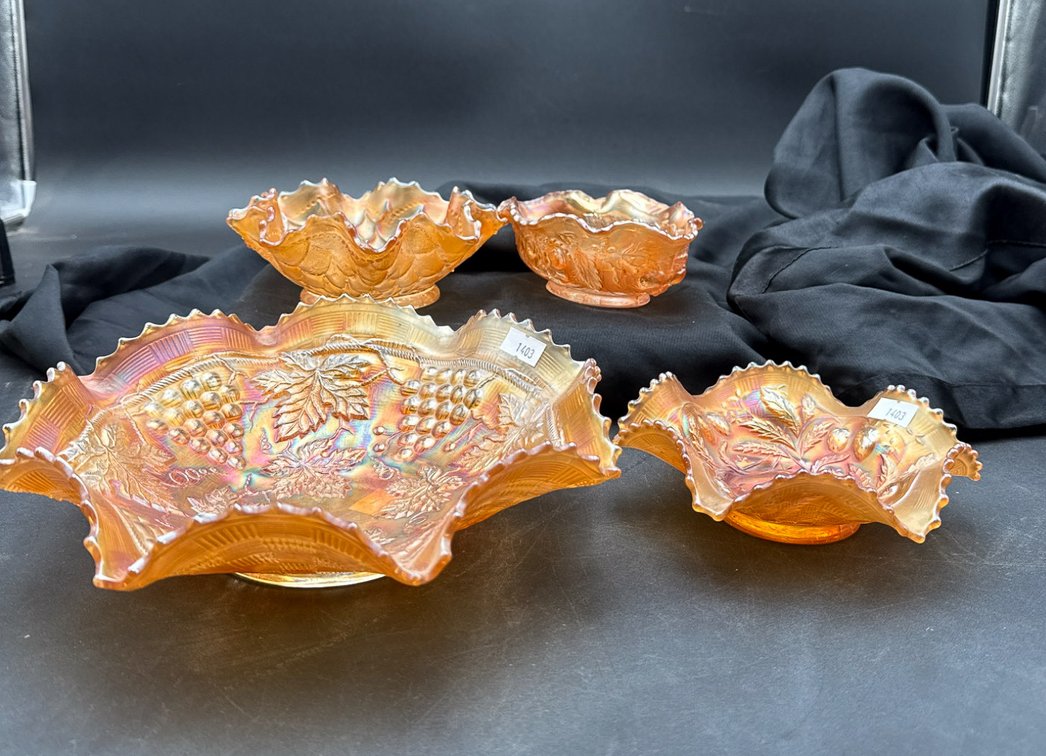 Iridescent Carnival Glass Bowls with Large One Measuring 9.5 Inches