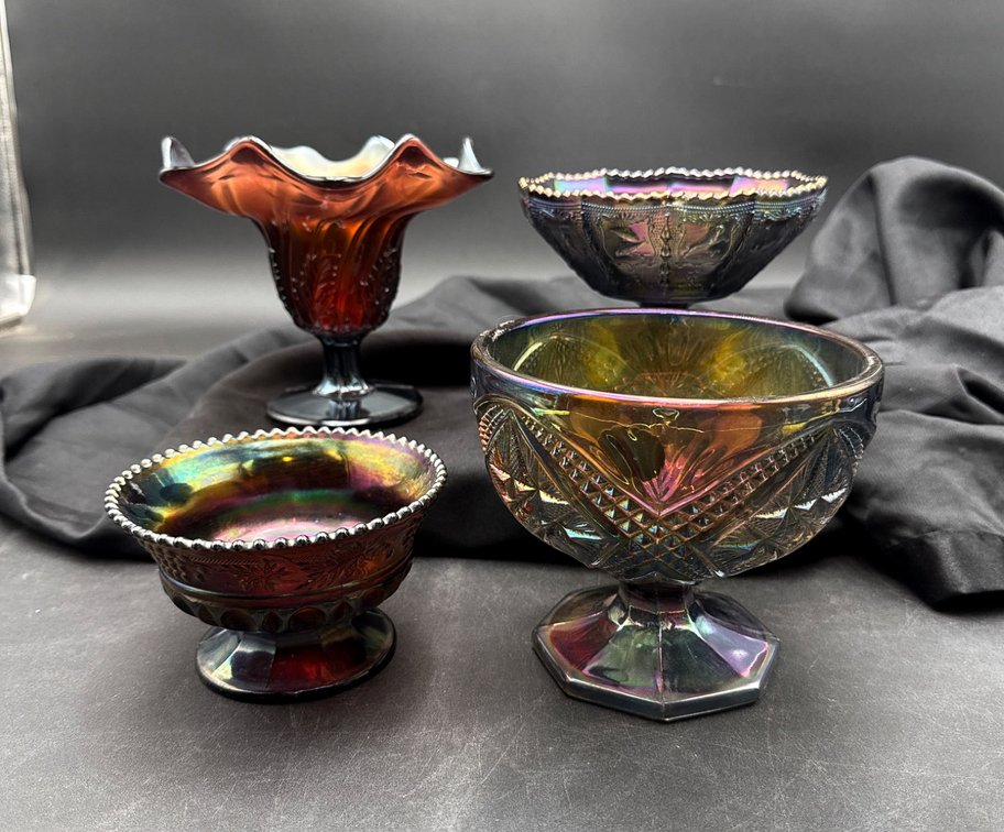 Four Iridescent Glass Compotes