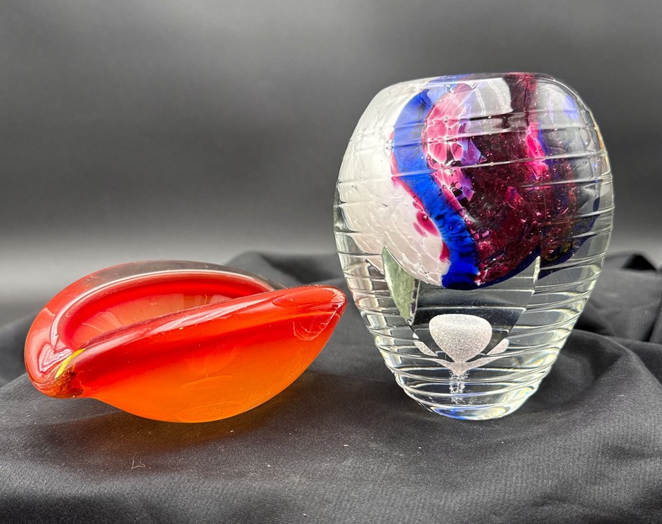 Vibrant Art Glass Pieces, Vase and Abstract Dish