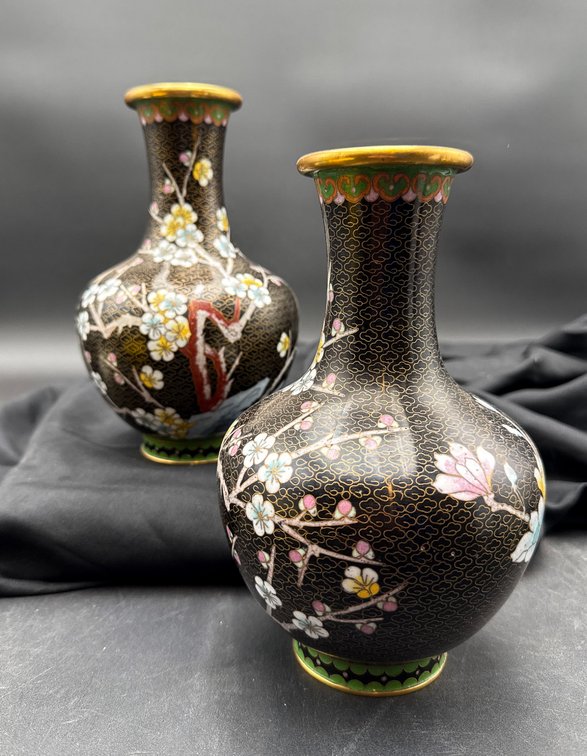 Cloisonne Vases With Floral Design And Enamel Details