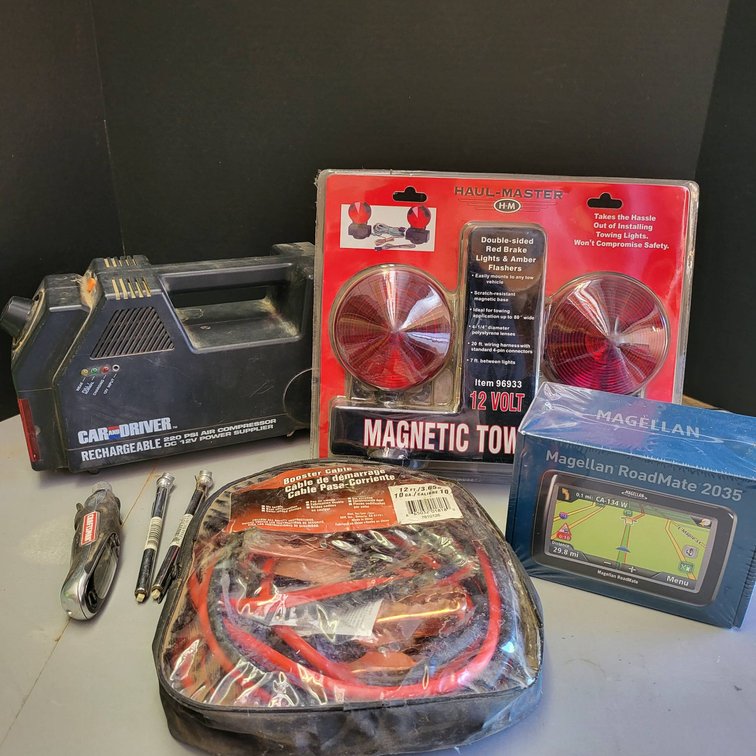 Automotive Equipment Lot: Air Compressor, Tow Light Kit, Booster Cables, GPS, and Tools
