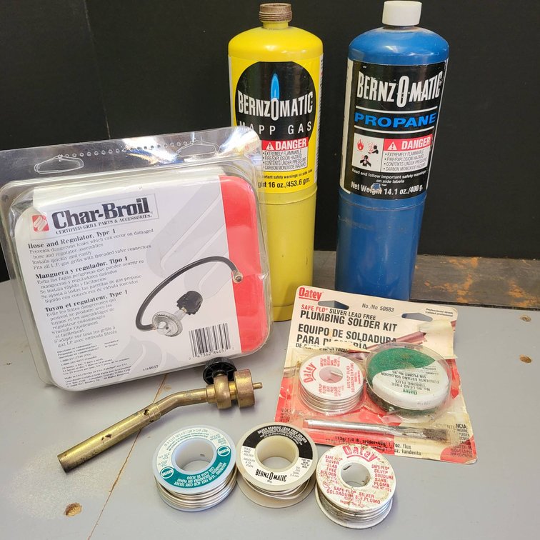Bernzomatic Gas Cylinders, Torch, Char-Broil Regulator, and Plumbing Solder Kit