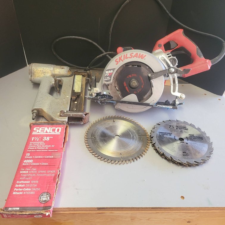 Skilsaw MAG77LT Circular Saw, Senco Finish Nails, and Pneumatic Nail Gun