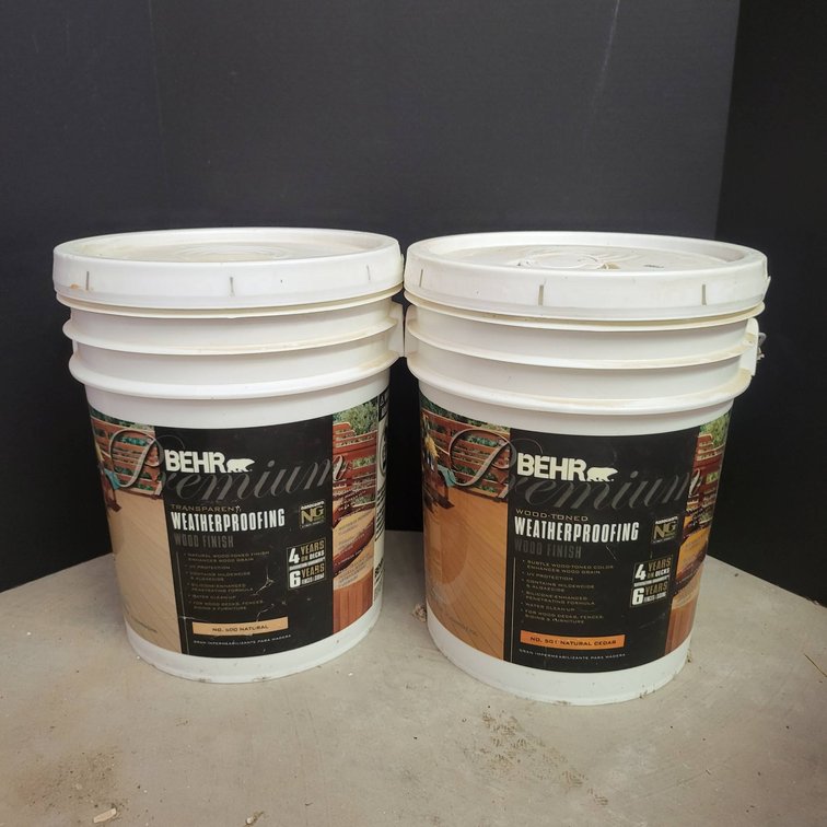 Two 5-Gallon Buckets of Behr Premium Weatherproofing Wood Finish