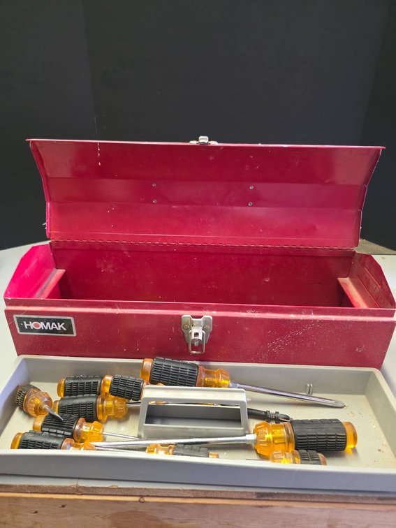 Red Homak Toolbox with Assorted Screwdrivers and Hand Tools