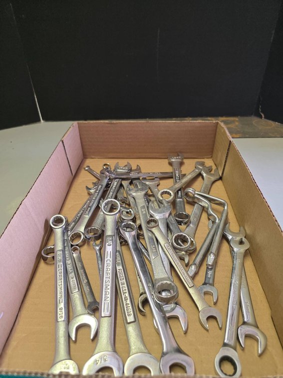 Box of Open-End and Box-End Wrenches, Mostly Craftsman. 