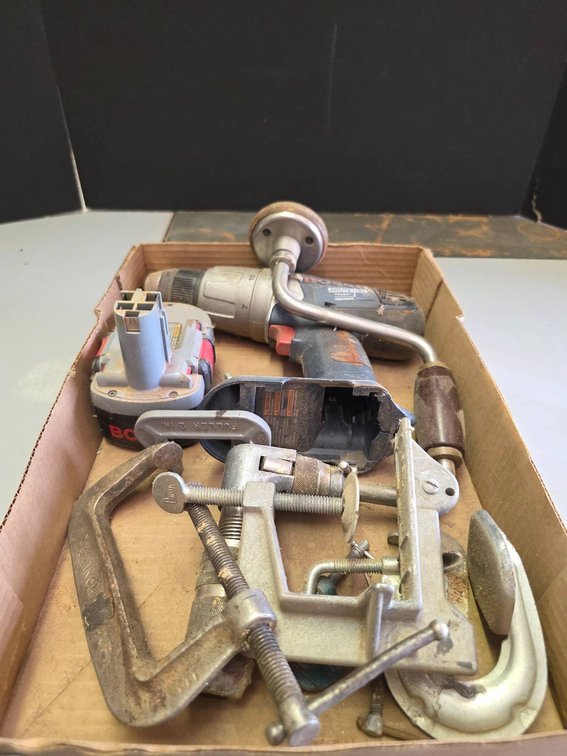 Box Lot of Tools Including Bosch Drill, Battery, C-Clamps, and Hand Drill