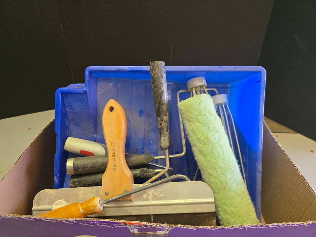 Painting and Decorating Supplies Including Rollers, Tray, and Spatula