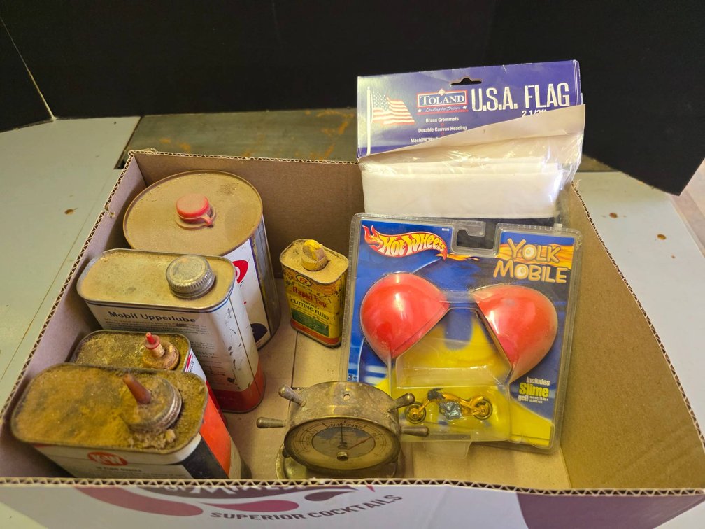 Vintage Metal Oil Cans, Barometer, USA Flag, and Hot Wheels Volk Mobile