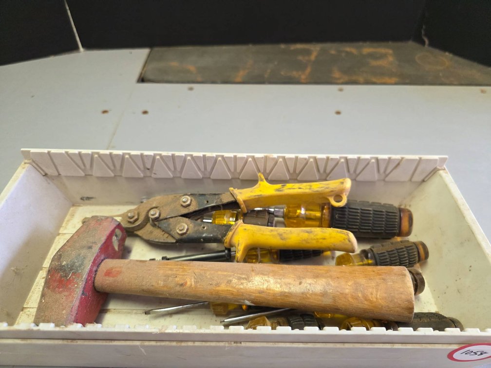 Hand Tools Including Hammer, Snips, and Screwdrivers