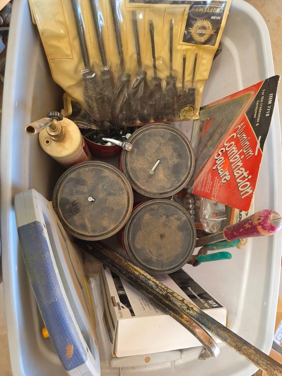 Tools, Fasteners, and Hardware Lot in Plastic Storage Bin