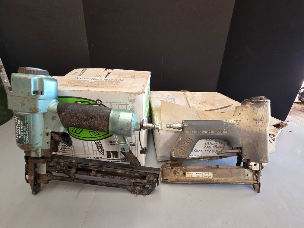 Pneumatic Nail Guns and Plastic Cap Nails by Hitachi and Others