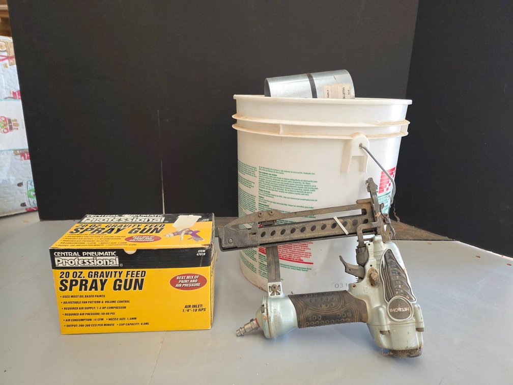 Central Pneumatic Spray Gun, Hitachi Nailer, and Hardware Lot