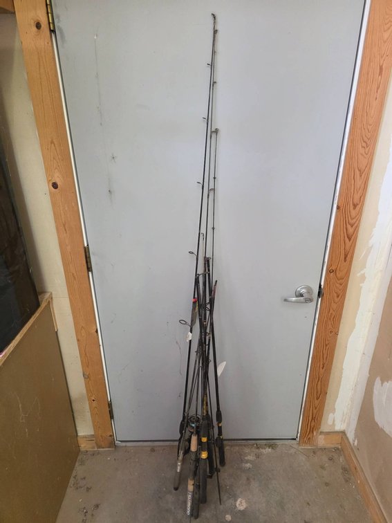 Fishing Rods and Reels with Various Brands and Sizes