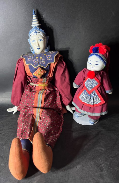 Traditional Asian-Inspired Dolls with Ceramic Heads and Fabric Bodies
