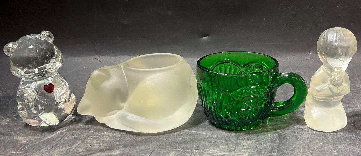 Decorative Glassware: Cat Candle Holder, Teddy Figurine, Green Mug, and Child Figurine