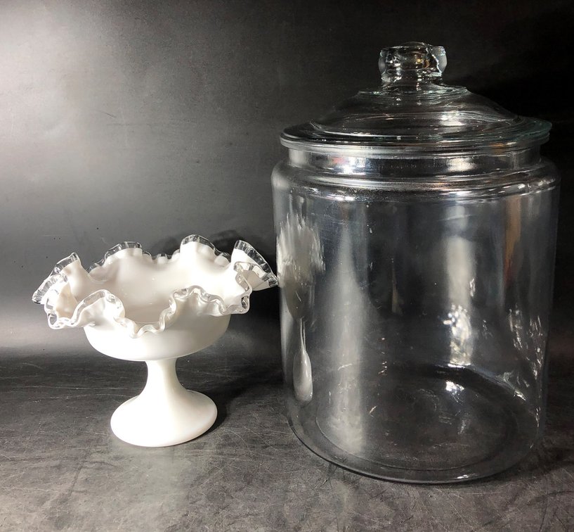 14-Inch Clear Glass Jar with Lid and Milk Glass Pedestal Bowl