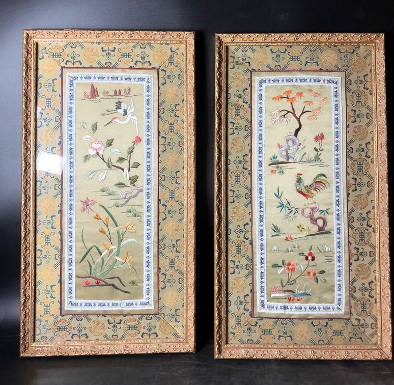 Framed Asian Silk Embroideries with Floral and Bird Motifs