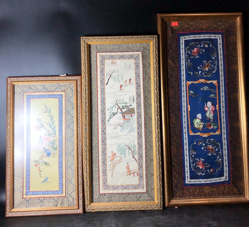 Three Framed Asian Style Embroidered Panels in Gold Frames