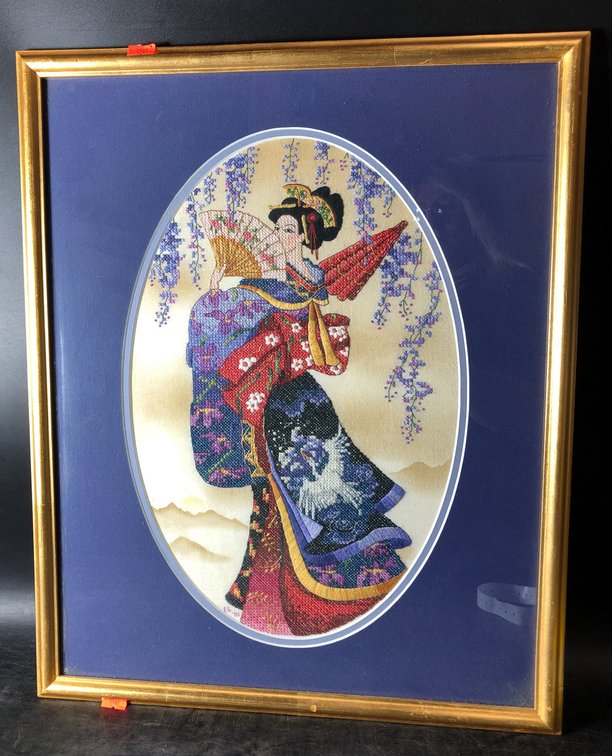 Framed Textile Artwork of Geisha Standing Under Wisteria