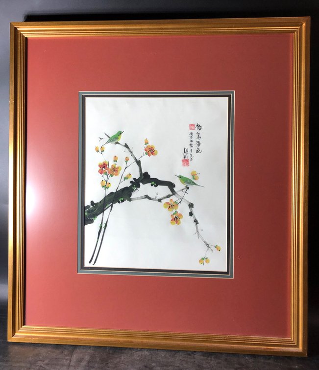 Framed Chinese-Style Floral Artwork with Birds, 29 by 26 Inches