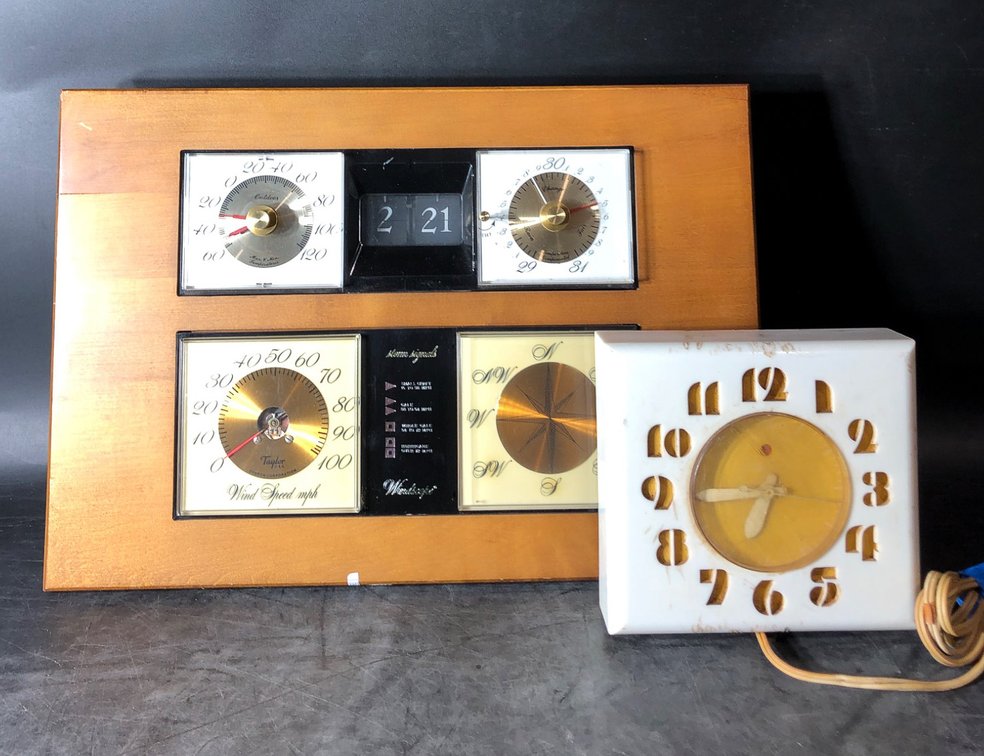 Telechron Model 2H27 Electric Clock and Wood-Framed Multi-Function Weather Station