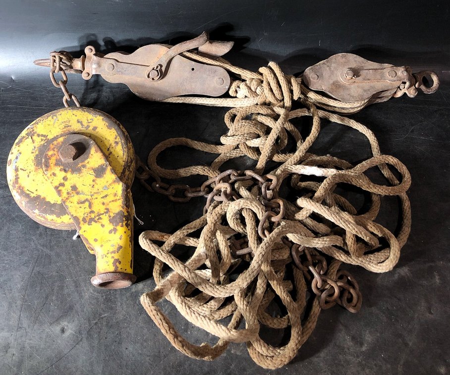 Vintage Pulley Block System with Rope and Iron Housing