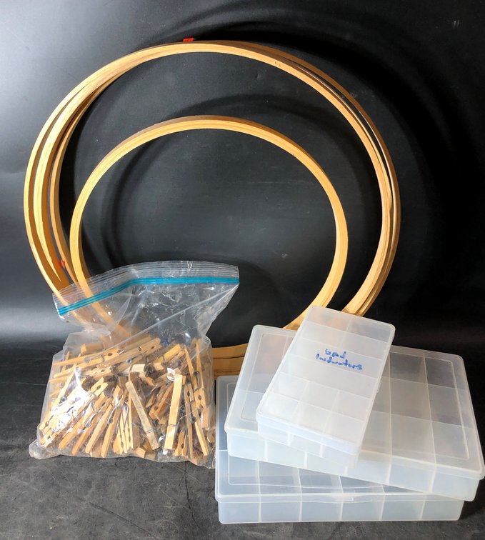 Embroidery Hoops, Wooden Clothespins, and Divided Plastic Storage Boxes
