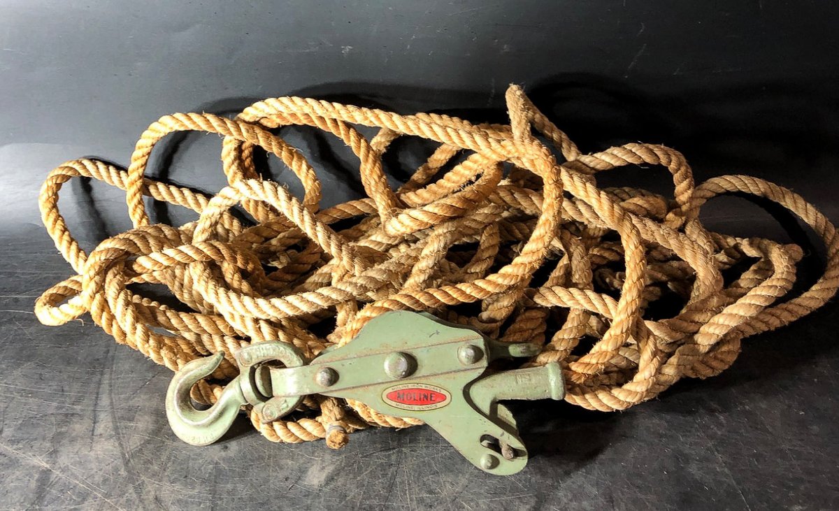 Moline Iron Works Pulley Block with Rope and Hook