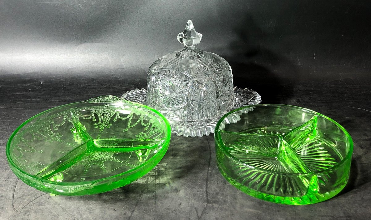 Pressed Glass Butter Dish and Two Uranium Green Divided Glass Plates