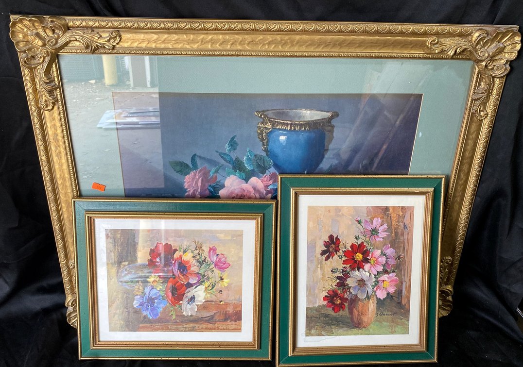 Framed Floral Art Prints Including One Large and Two Small Pieces