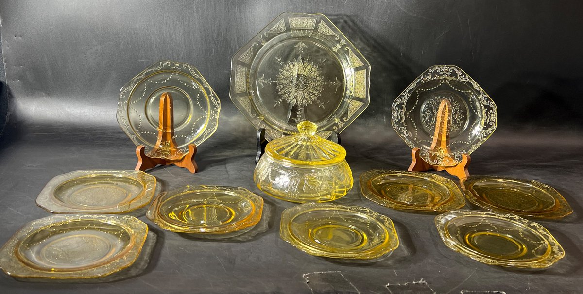 Yellow Etched Glass Dishware and Lidded Bowl