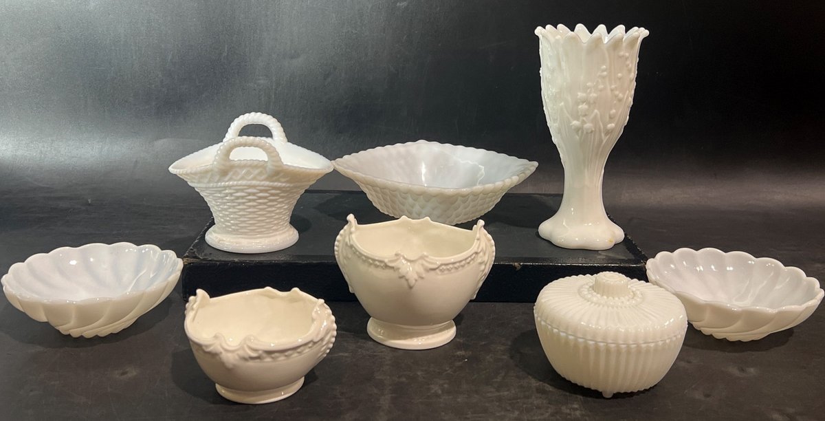 White Milk Glass Decorative Pieces, Various Shapes and Sizes