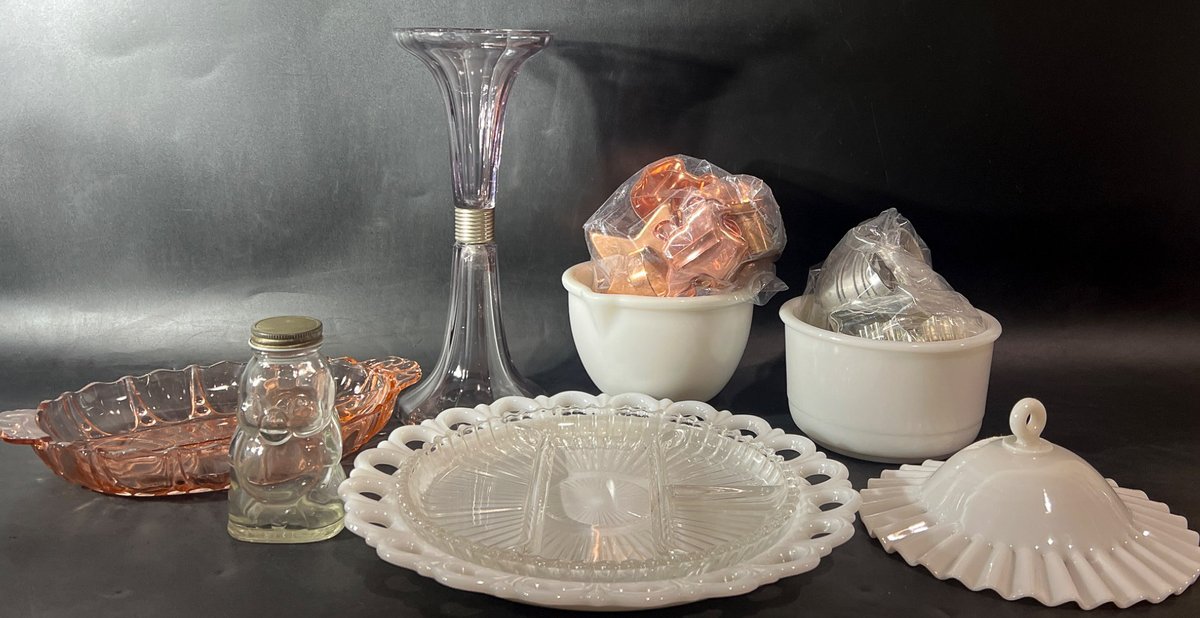 Glass and Bakeware Including Milk Glass, Pink Glass, and Metal Cookie Cutters