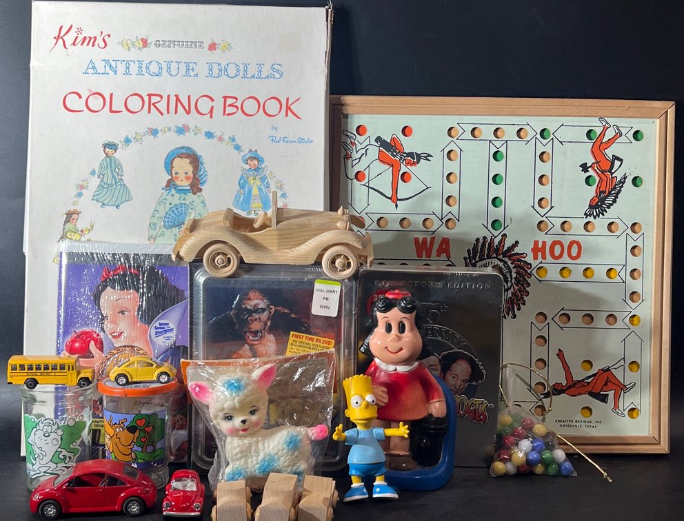 Toys, DVDs, Coloring Book, and Game Board