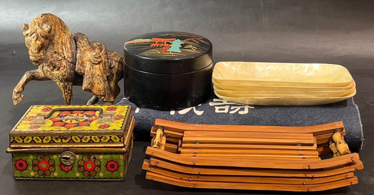 Decorative Items Including Wooden Horse Figurine, Trays, and Coasters
