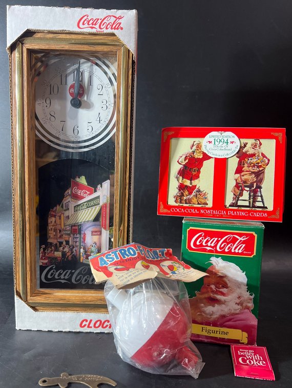 Coca-Cola Clock, Santa Figurine, and Collectibles Assortment