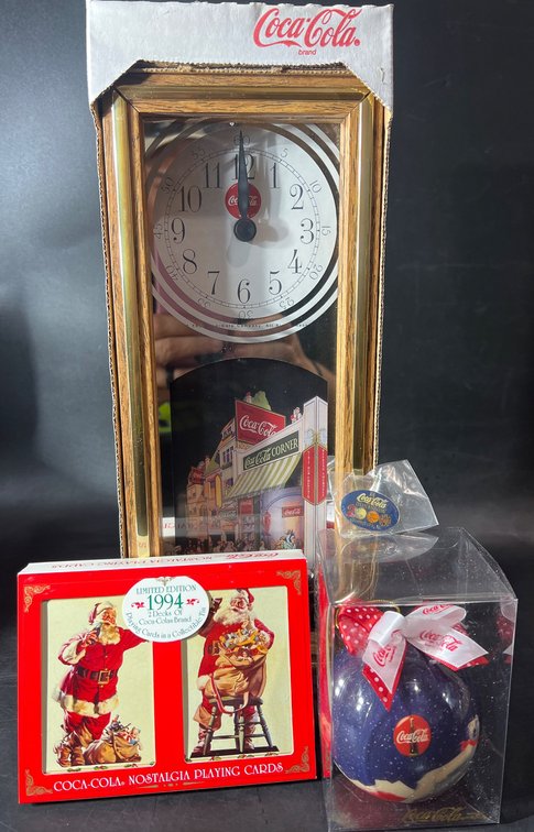 Coca-Cola Collectible Lot with Clock, Ornament, Playing Cards, and Pin