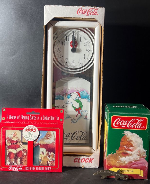 Coca-Cola Collectibles Bundle: Clock, Figurine, Playing Cards, and Opener