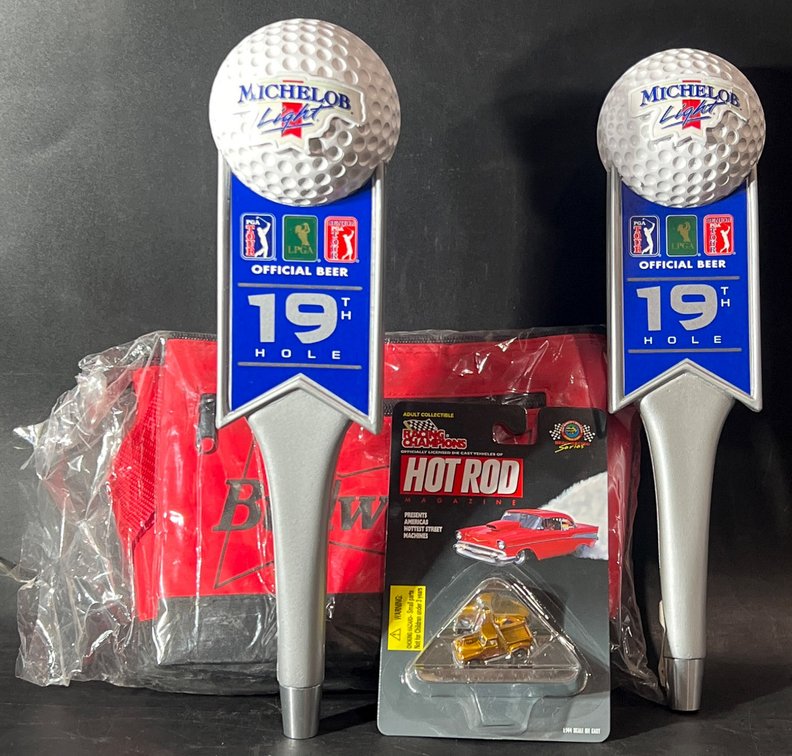 Michelob Ultra Golf Tap Handles, Budweiser Cooler Bag, and Hot Rod Die-Cast Collectible Set