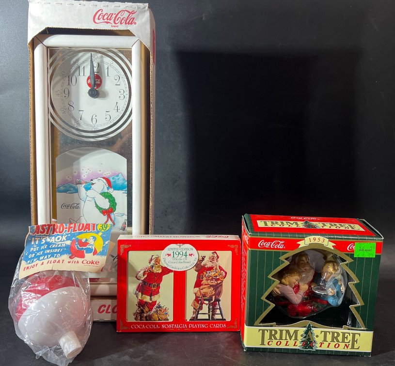 Coca-Cola Memorabilia Lot with Clock, Ornaments, Playing Cards, and Astro-Float