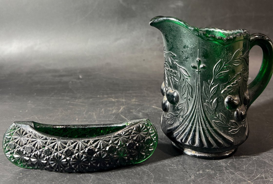 Green Pressed Glass Cream Pitcher and Canoe Shaped Dish
