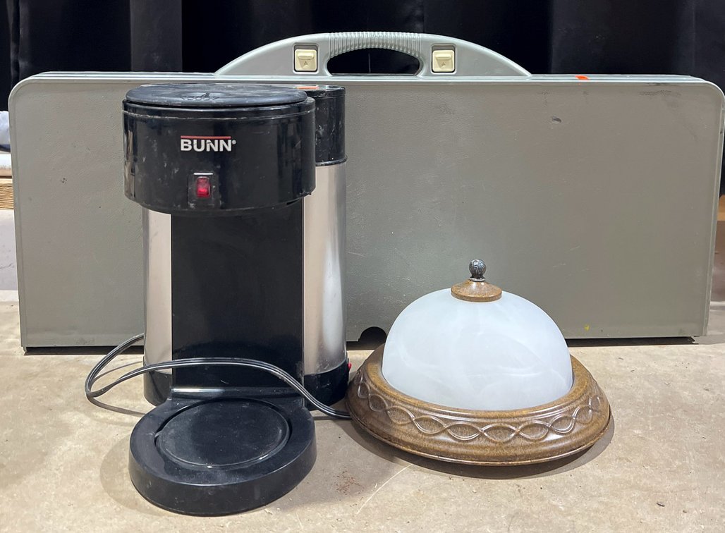 Bunn Coffee Maker, Folding Picnic Table with Benches, and Ceiling Light Fixture
